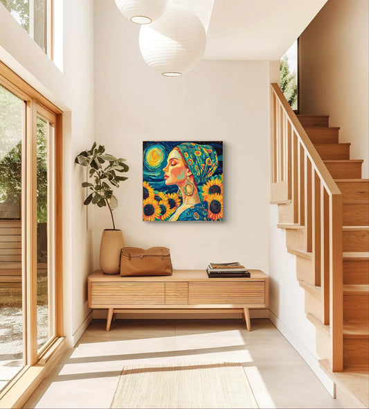 Textielkunstwerk Nocturnal Bloom boven een houten bankje in een warme hal met zonlicht en trap
