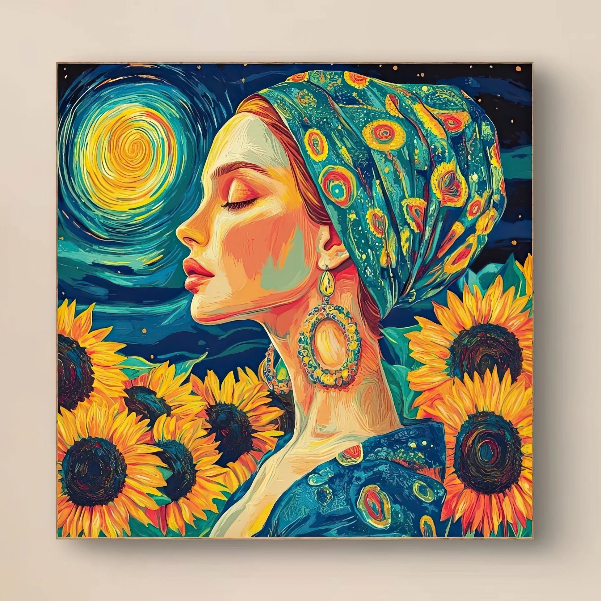 Detail van Nocturnal Bloom met vrouw in profiel, zonnebloemen, pauwensjaal en maanlicht
