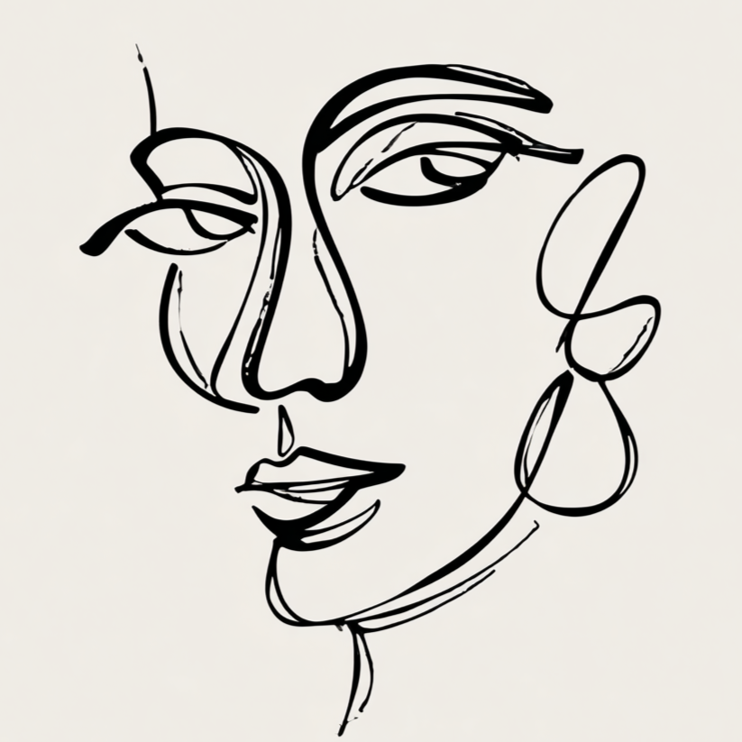 Minimalistische lijntekening van vrouwengezicht in zwart op witte achtergrond met elegante uitstraling

