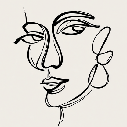 Minimalistische lijntekening van vrouwengezicht in zwart op witte achtergrond met elegante uitstraling

