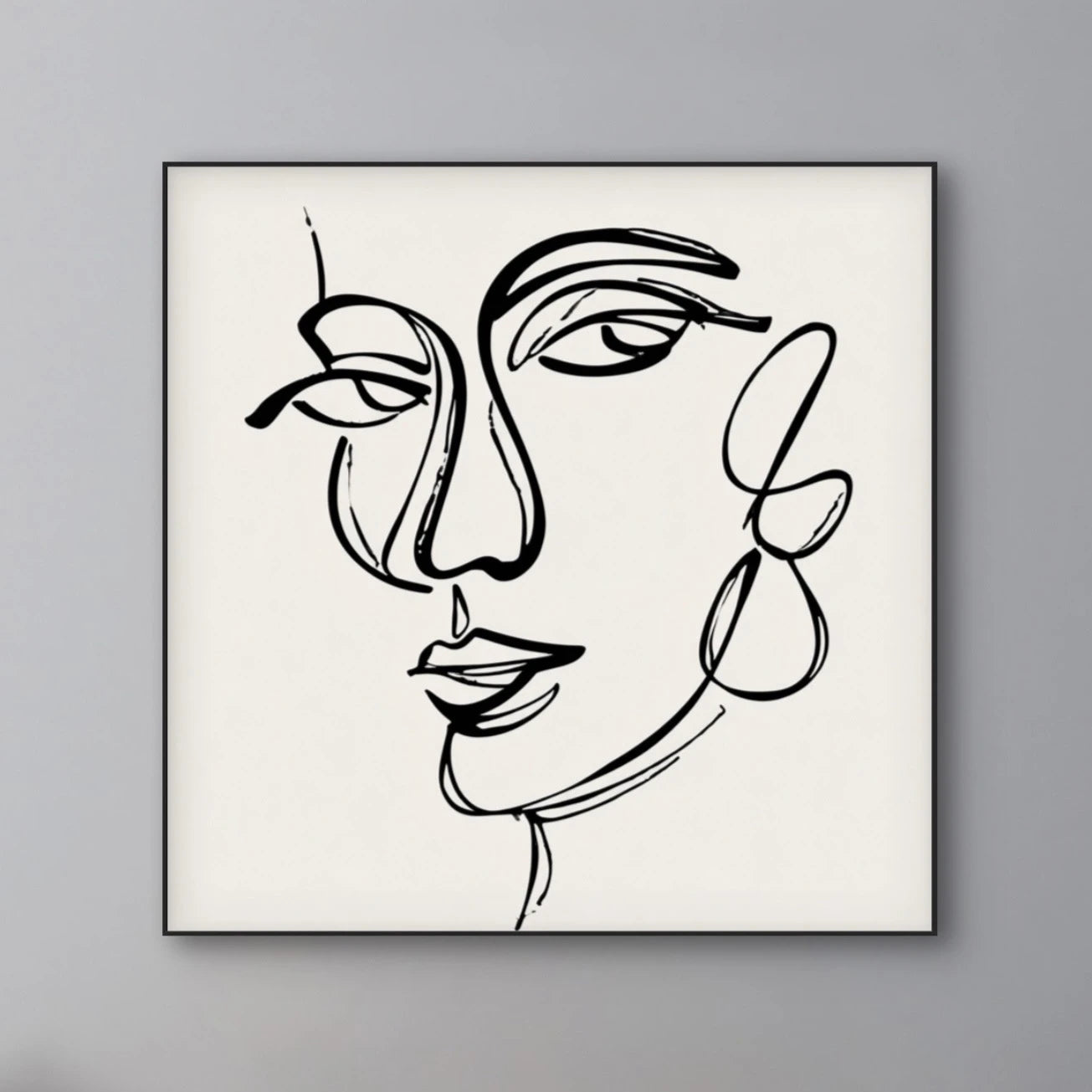 Detail van zwarte lijntekening van vrouwengezicht op witte achtergrond

