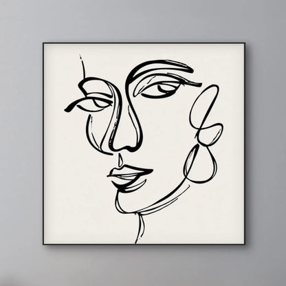 Detail van zwarte lijntekening van vrouwengezicht op witte achtergrond

