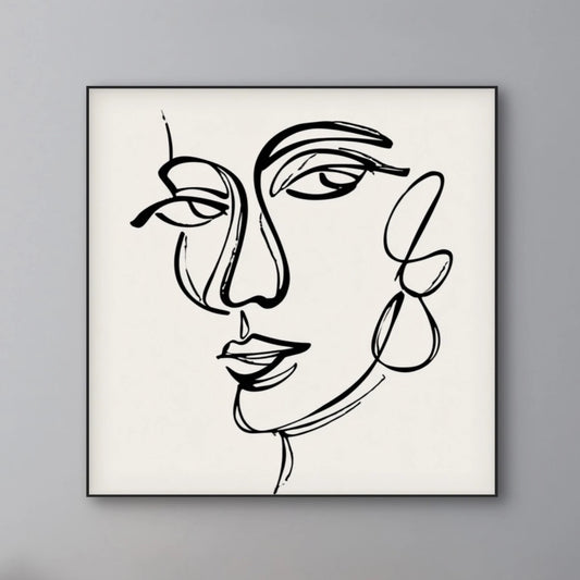 Detail van zwarte lijntekening van vrouwengezicht op witte achtergrond

