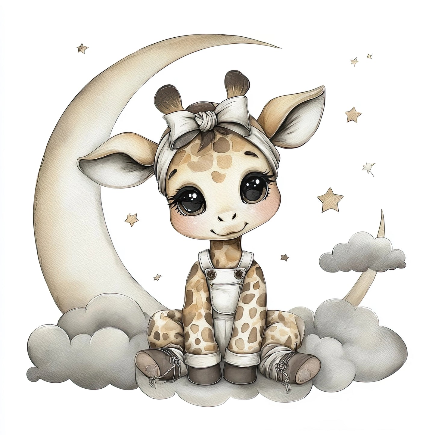 Volledige illustratie van girafje Noomi met strik en tuinbroek, zittend op wolken voor een maan, omringd door kleine sterretjes op witte achtergrond.
