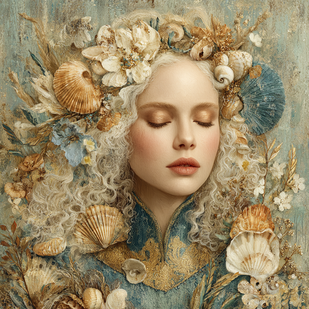 Volledige weergave van Oceane met vrouw in blauw-beige tinten en maritieme details
