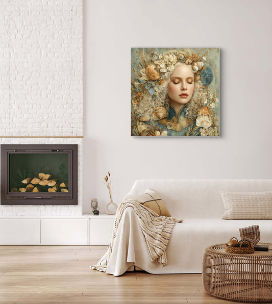 Kunstwerk Oceane aan de muur boven lichte bank in naturel interieur met haard
