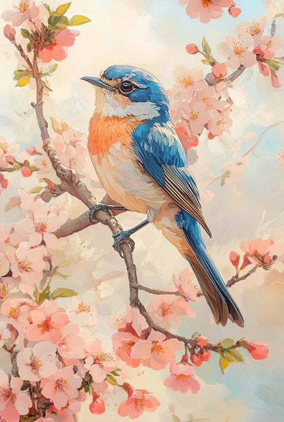 Kunstwerk van vogeltje in bloeiende lentetakken met luchtige kleuren en dromerige sfeer
