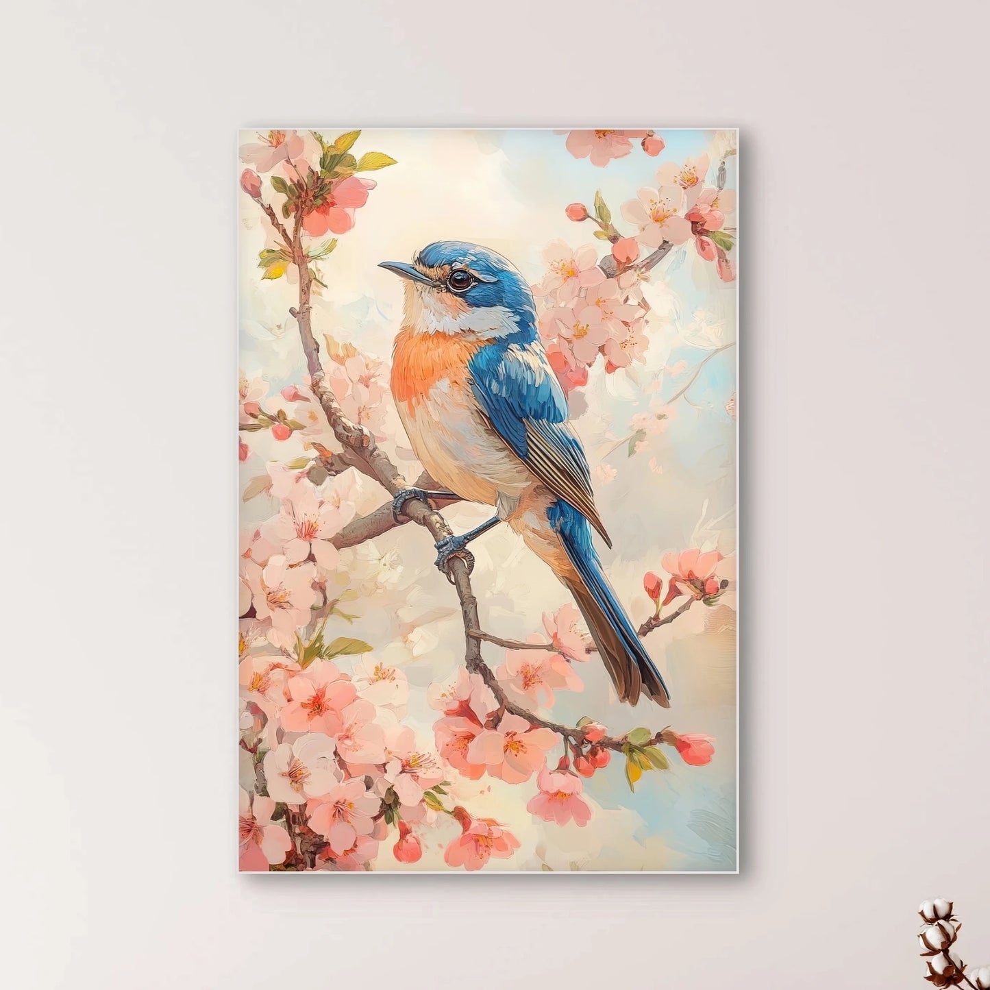 Detail van blauw vogeltje op tak met roze bloesem tegen zachte pastelachtergrond
