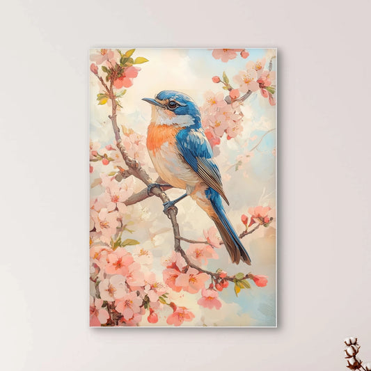 Detail van blauw vogeltje op tak met roze bloesem tegen zachte pastelachtergrond
