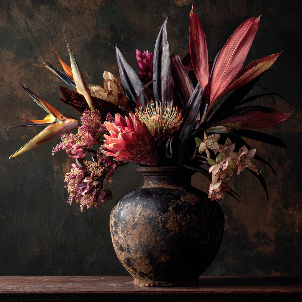 Volledig kunstwerk Ode aan de Schaduw met stilleven van bloemen en bladeren in aardse en diepe kleuren 
