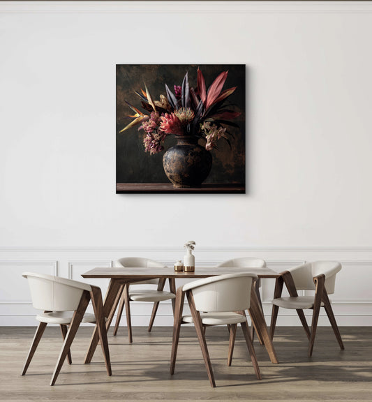 Mock-up van kunstwerk Ode aan de Schaduw aan de muur boven eettafel met houten stoelen 
