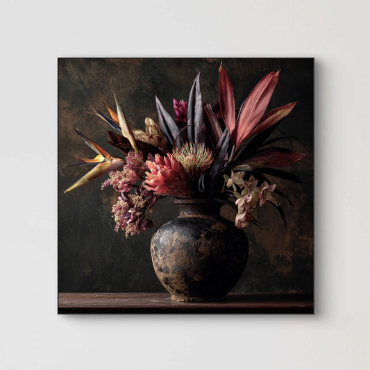 Detailopname van kunstwerk Ode aan de Schaduw met bloemen in warme tinten en donkere bladeren 
