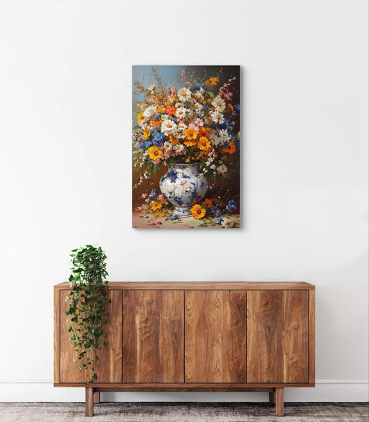 Kunstwerk “Ode aan de Zomer” aan de muur boven een houten kast met hangende plant
