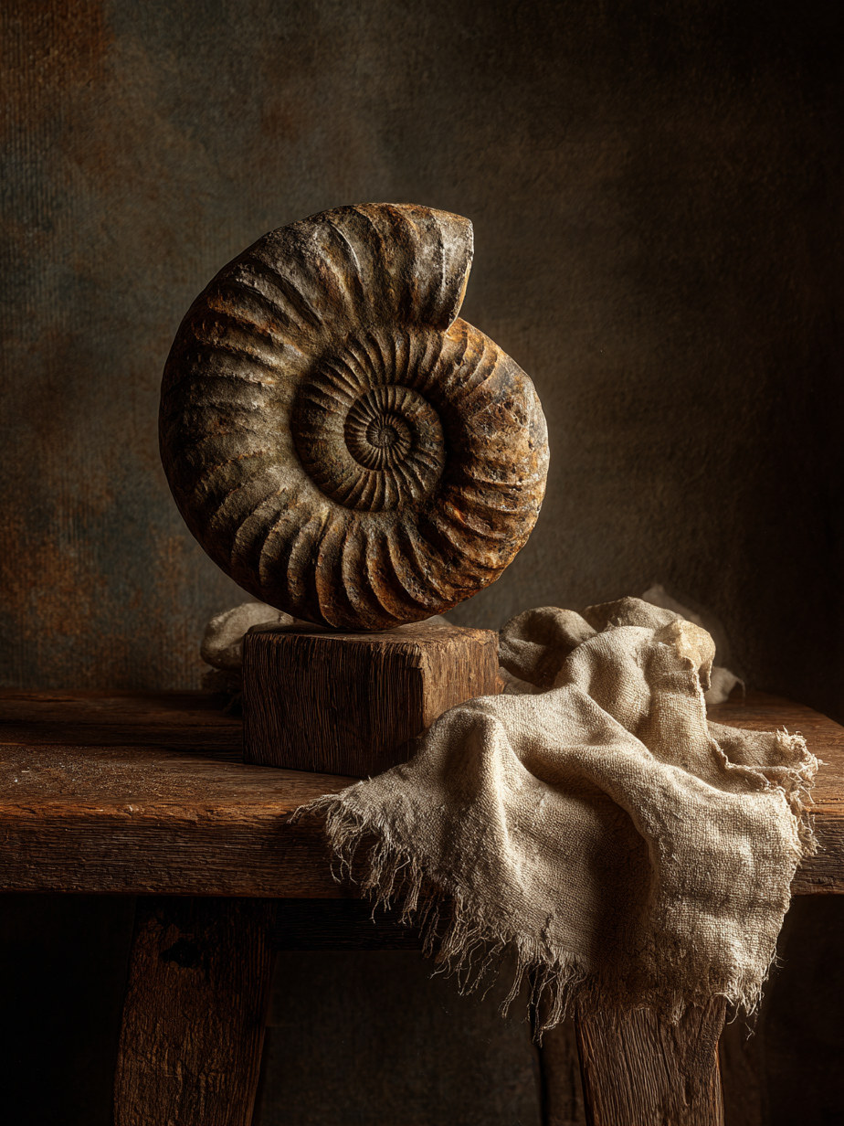 Oertijd, fossiel geïnspireerd kunstwerk met warme aardetinten en stilleven stijl
