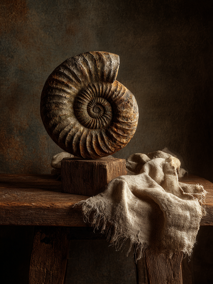 Oertijd, fossiel geïnspireerd kunstwerk met warme aardetinten en stilleven stijl
