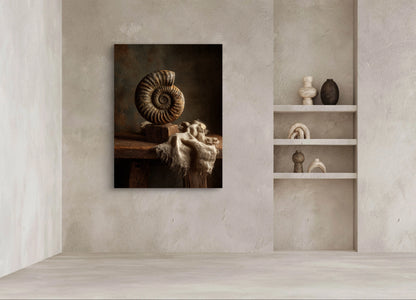 Interieur met wandkunst Oertijd, fossiele spiraal op houten tafel met linnen doek
