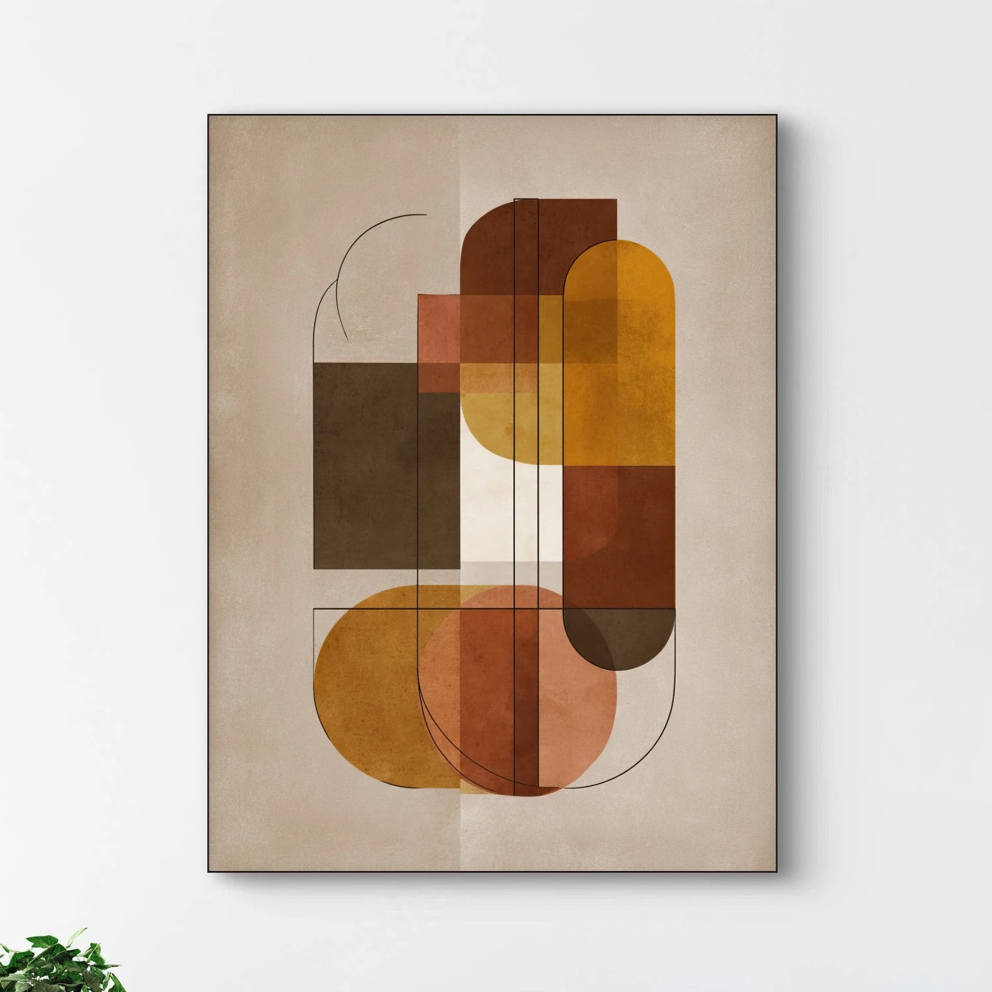 Detail van abstracte vormen in warme kleuren zoals oker, roest, terracotta en bruin op een neutrale achtergrond
