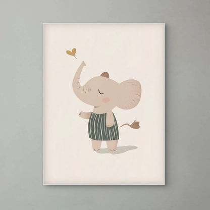 Detailweergave van een minimalistische illustratie van een zachtroze olifantje in gestreepte kleding, met een opgestoken slurf en hartje erboven.
