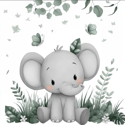 Schilderij van een grijs baby-olifantje zittend tussen bladeren en vlinders, op een witte achtergrond  
