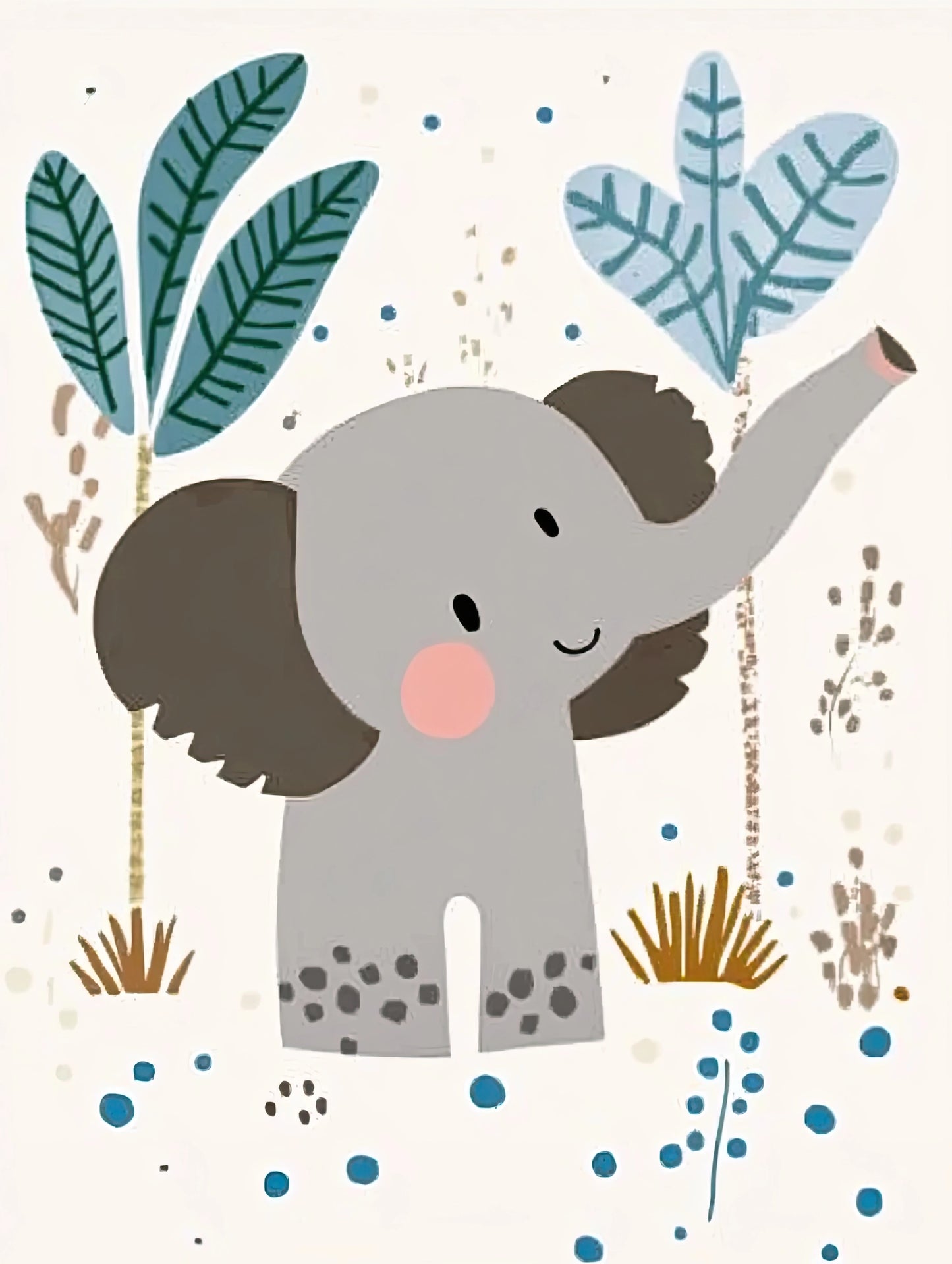 Illustratie van een speels olifantje in jungle stijl met blauwe bladeren en abstracte elementen op een lichte achtergrond  
