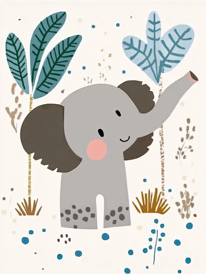 Illustratie van een speels olifantje in jungle stijl met blauwe bladeren en abstracte elementen op een lichte achtergrond  
