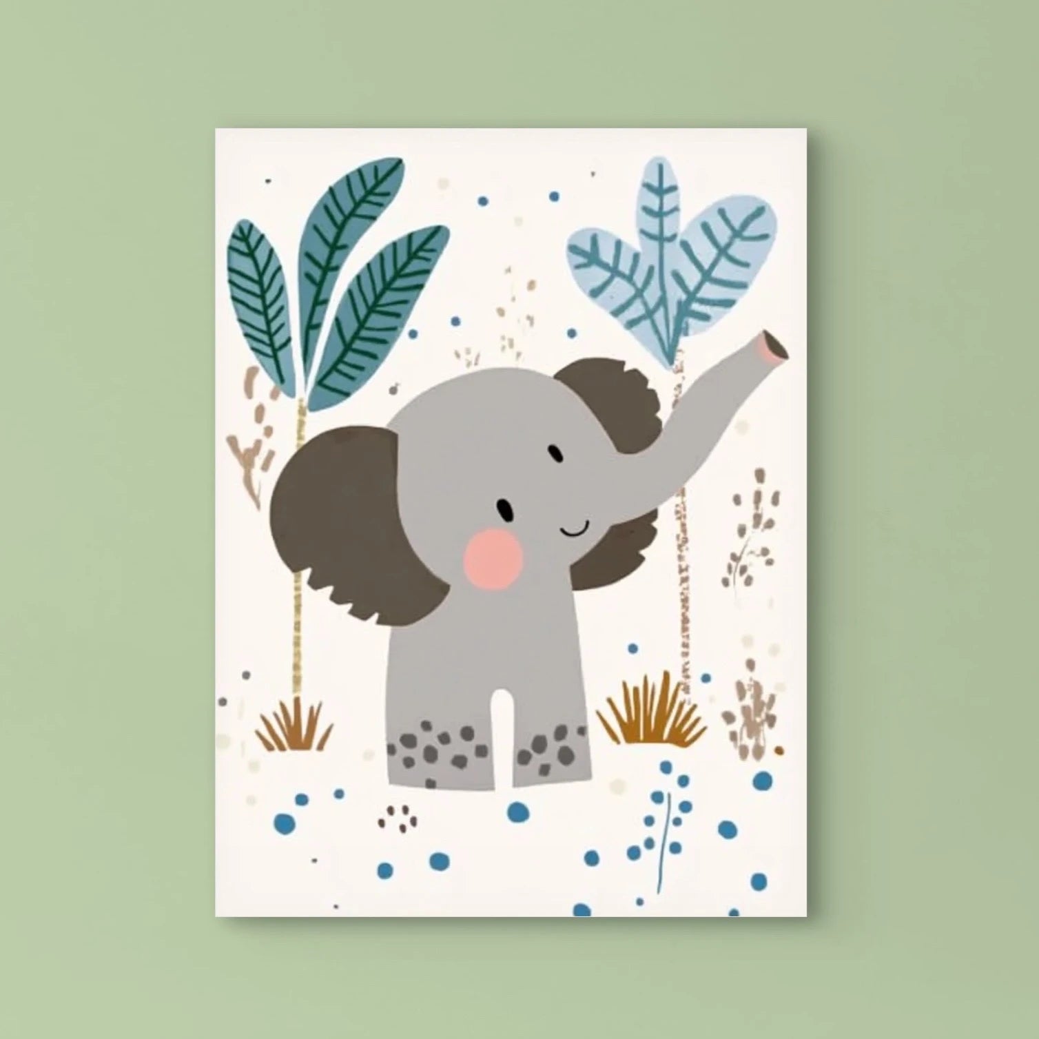 Detail van vrolijk grijs olifantje met opgeheven slurf, staand tussen bladeren en blauwe stippen  
