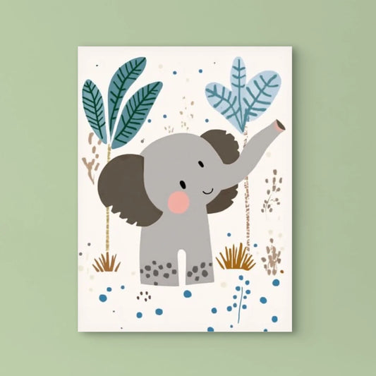 Detail van vrolijk grijs olifantje met opgeheven slurf, staand tussen bladeren en blauwe stippen  
