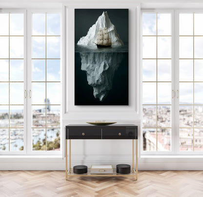 Fotokunst van schip en ijsberg aan de muur in lichte kamer met grote ramen
