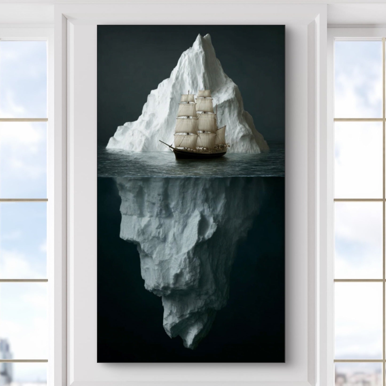 Detail van ijsberg en zeilschip met zichtbaar onderwatergedeelte
