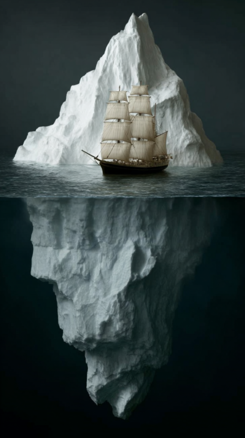 Fotografische compositie van zeilschip en ijsberg met groot onderwatergedeelte, symbolisch beeld van diepte en balans
