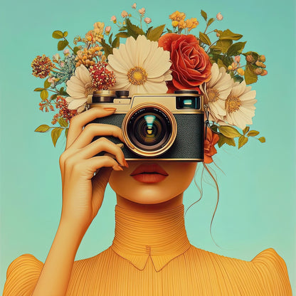 Volledige weergave van Oogst van het Moment – vrouw met camera voor haar gezicht en bloemen op turquoise achtergrond
