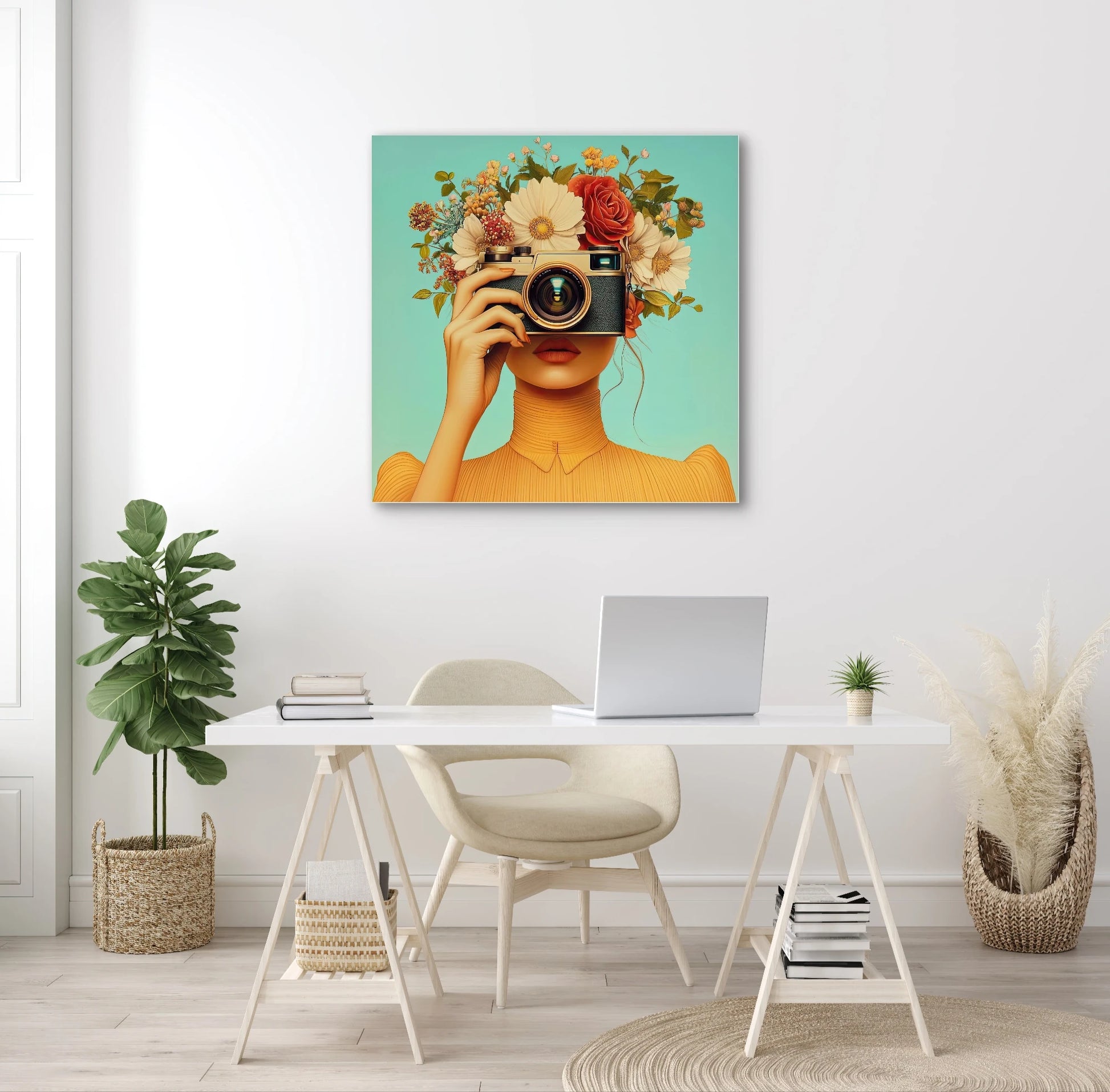 Textielkunstwerk Oogst van het Moment boven een wit bureau in een lichte werkruimte met planten en laptop
