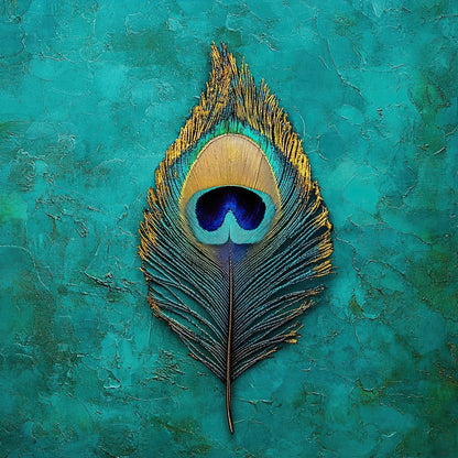 Volledige weergave van het kunstwerk “Oog van de Parel” met pauwenveer op groenblauwe achtergrond
