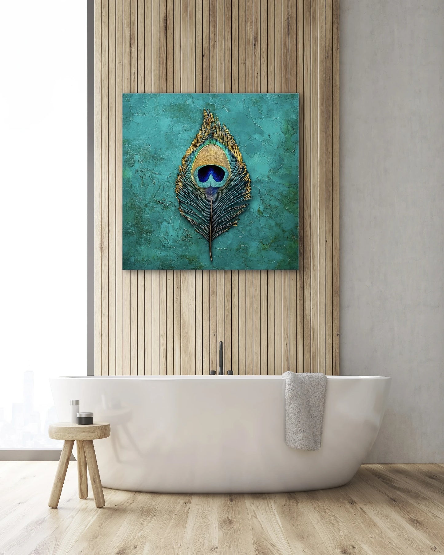 Kunstwerk “Oog van de Parel” boven een vrijstaand bad op houten wand in stijlvolle badkamer
