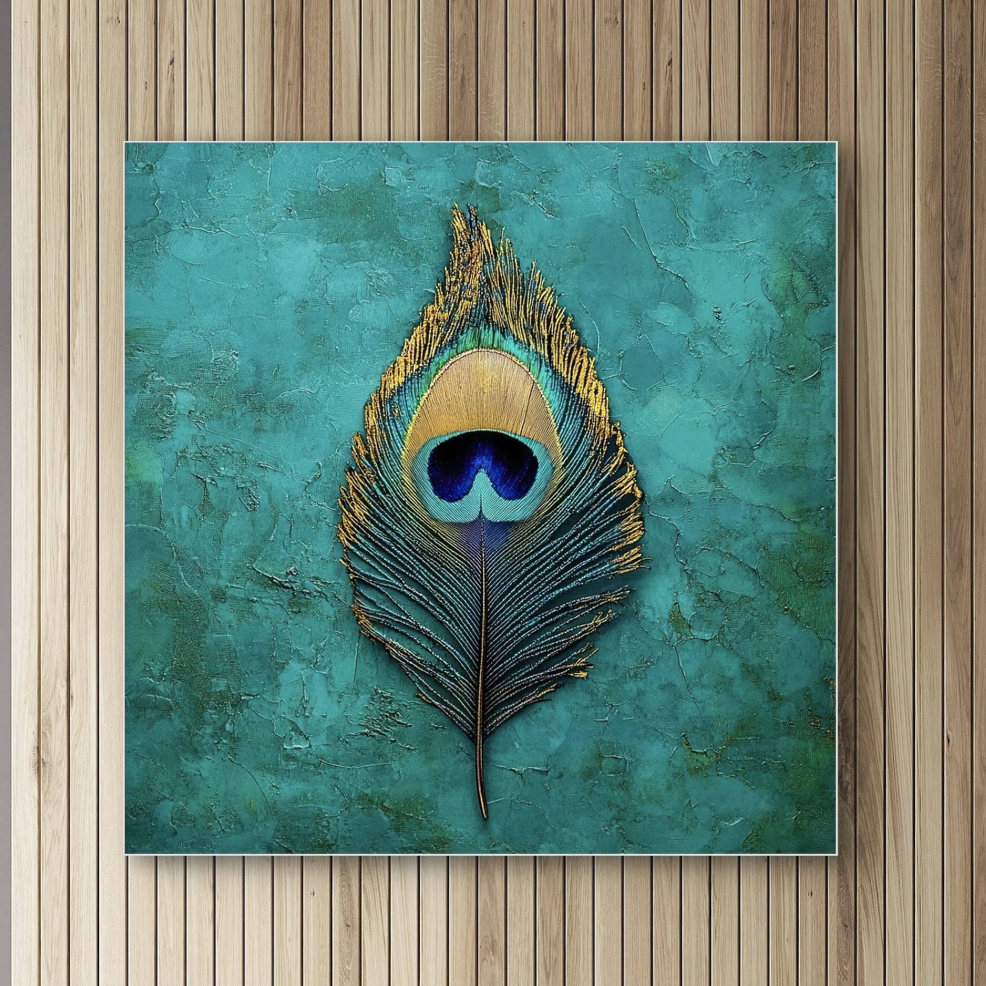 Detail van pauwenveer in het kunstwerk “Oog van de Parel” met gouden accenten en turquoise achtergrond
