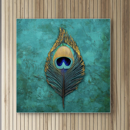 Detail van pauwenveer in het kunstwerk “Oog van de Parel” met gouden accenten en turquoise achtergrond
