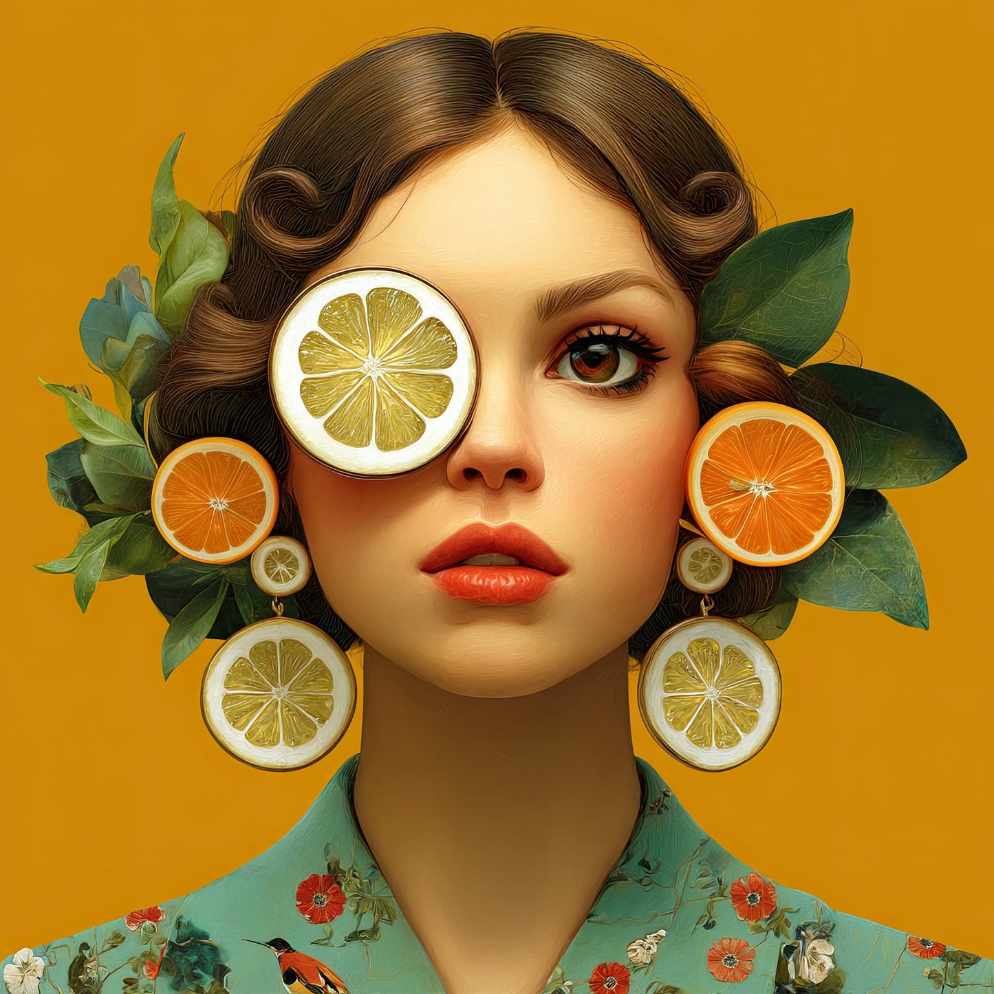 Volledige weergave van Orange Icon – vrouw met citrus op oog, citrusoorbellen en blauwe kimono met bloemen
