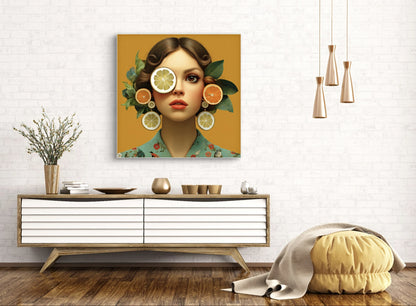 Textielkunstwerk Orange Icon boven een wit dressoir met houten accenten en een mosterdgele poef
