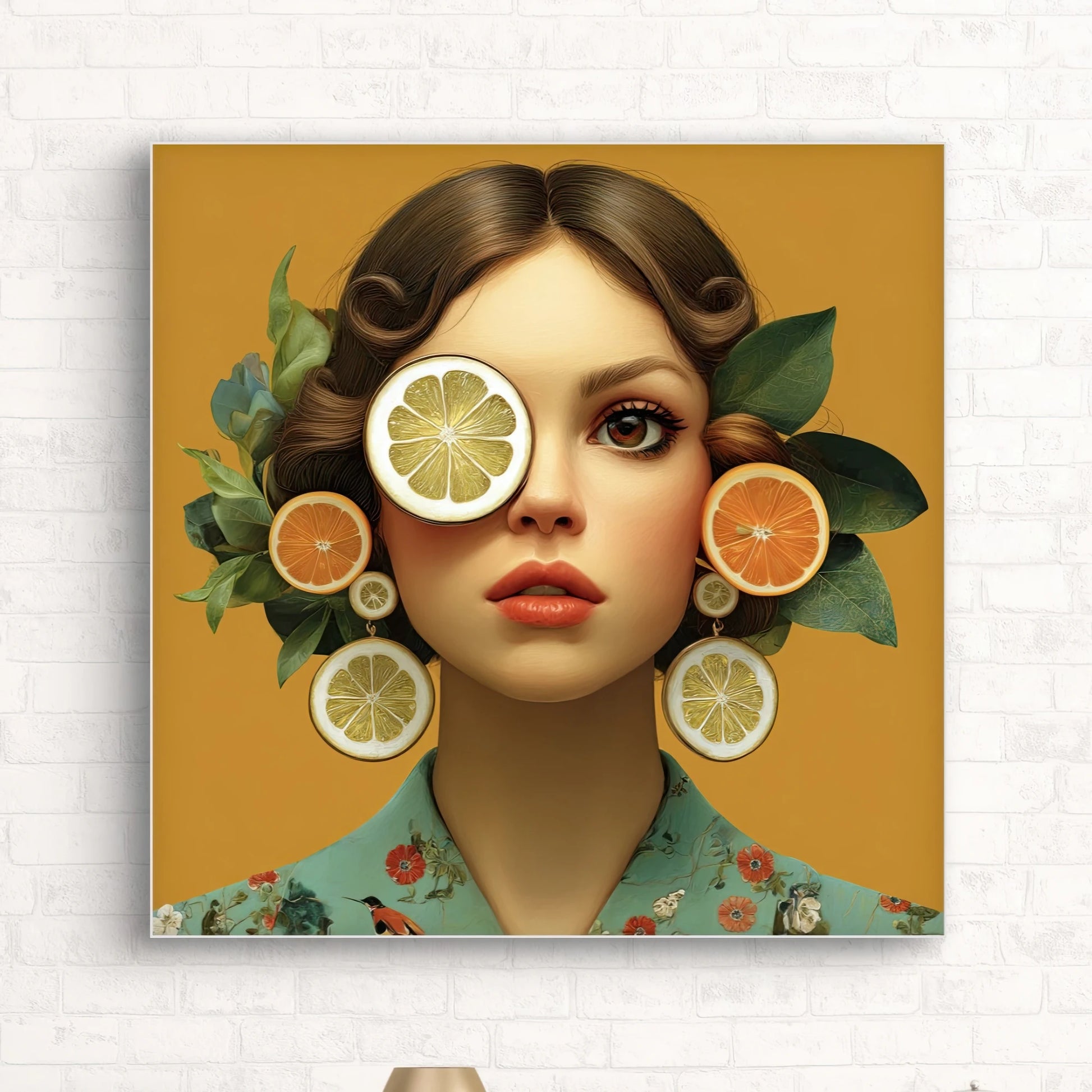 Detail van Orange Icon met vrouw en citrusvruchten als oorbellen en haaraccessoire op okergele achtergrond
