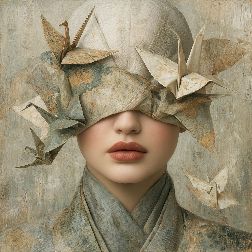 Volledige weergave van Origami Soul met vrouw in kimono en origami vogels rond haar gezicht
