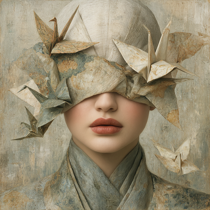 Volledige weergave van Origami Soul met vrouw in kimono en origami vogels rond haar gezicht
