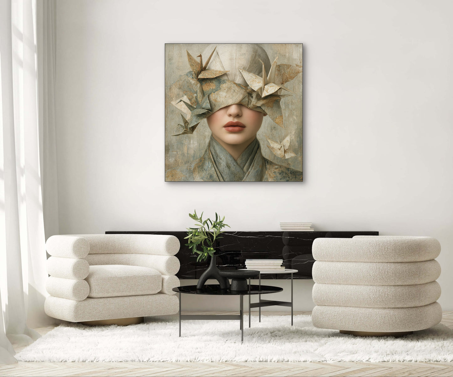 Kunstwerk Origami Soul aan de muur boven zwarte kast met beige stoelen in modern interieur
