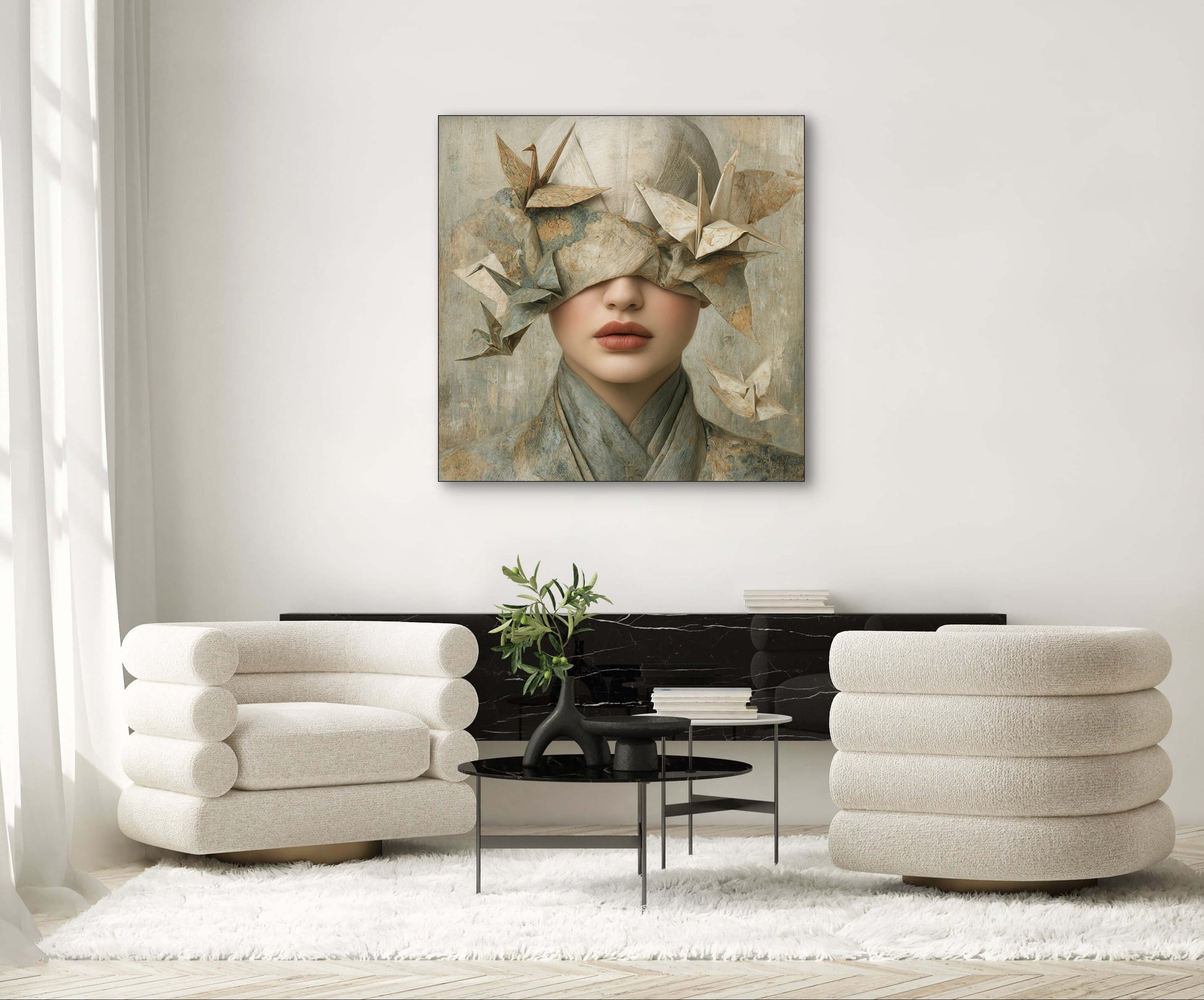 Kunstwerk Origami Soul aan de muur boven zwarte kast met beige stoelen in modern interieur
