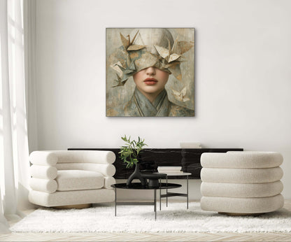 Kunstwerk Origami Soul aan de muur boven zwarte kast met beige stoelen in modern interieur
