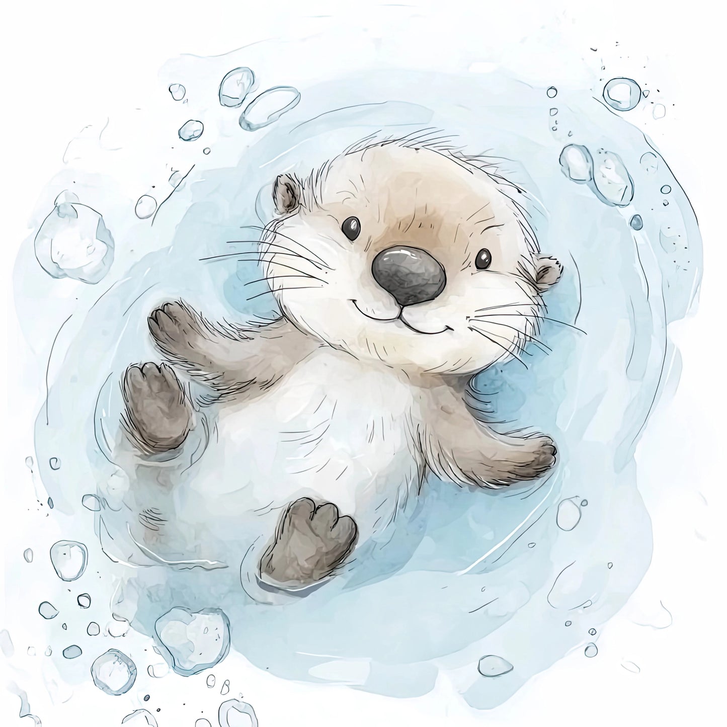 Illustratie van een vrolijke otter in water met speelse luchtbelletjes en aquarelstijl in lichtblauw en beige  
