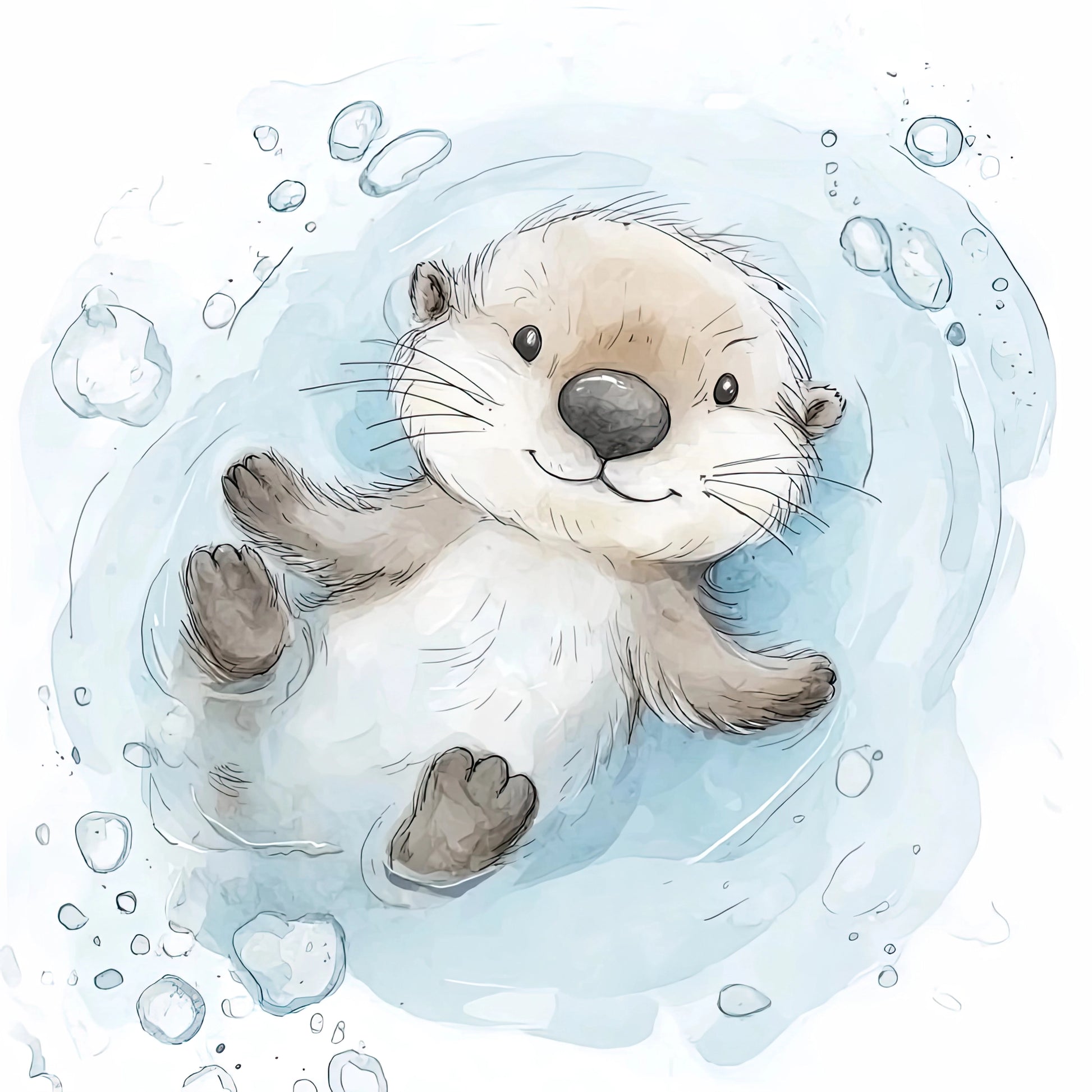 Illustratie van een vrolijke otter in water met speelse luchtbelletjes en aquarelstijl in lichtblauw en beige  

