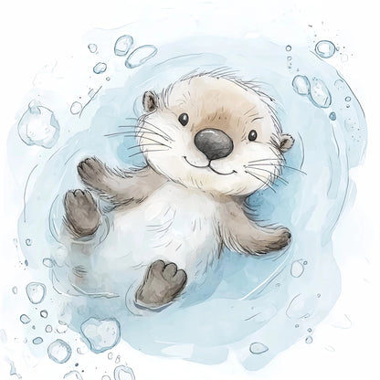 Illustratie van een vrolijke otter in water met speelse luchtbelletjes en aquarelstijl in lichtblauw en beige  
