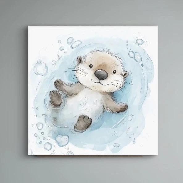 Detail van een lachende otter die drijft op water, omringd door blauwe tinten en belletjes  
