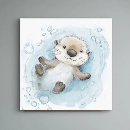 Detail van een lachende otter die drijft op water, omringd door blauwe tinten en belletjes  
