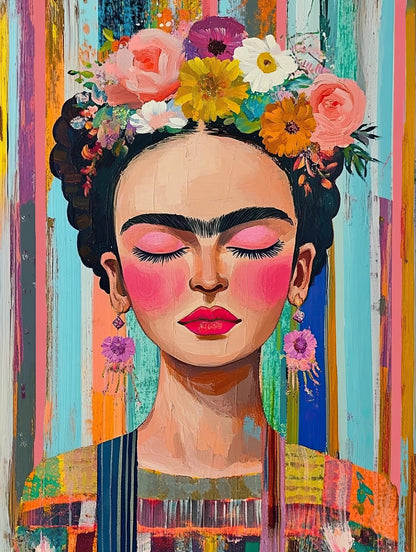 Volledige weergave van Painted Reverie – vrouw met bloemen in het haar op kleurrijke verticale achtergrond
